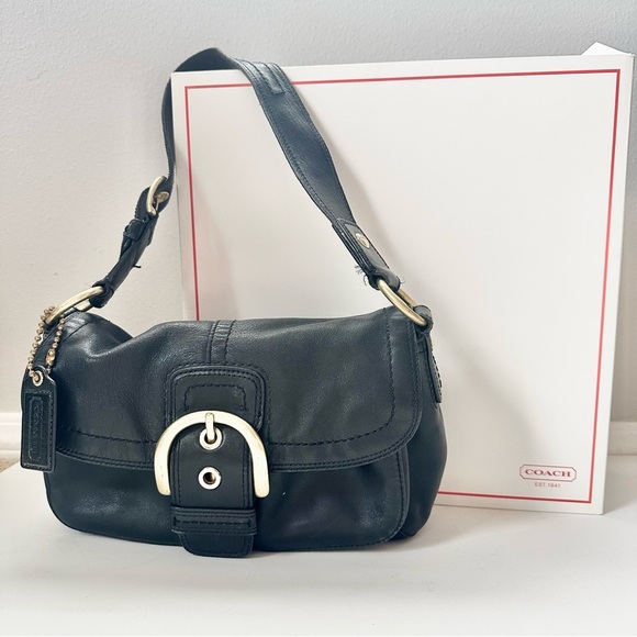 VTG Coach Y2K Soho Legacy Black Leather Brass Buckle Shoulder Bag Flap Purse Box - Picture 1 of 16